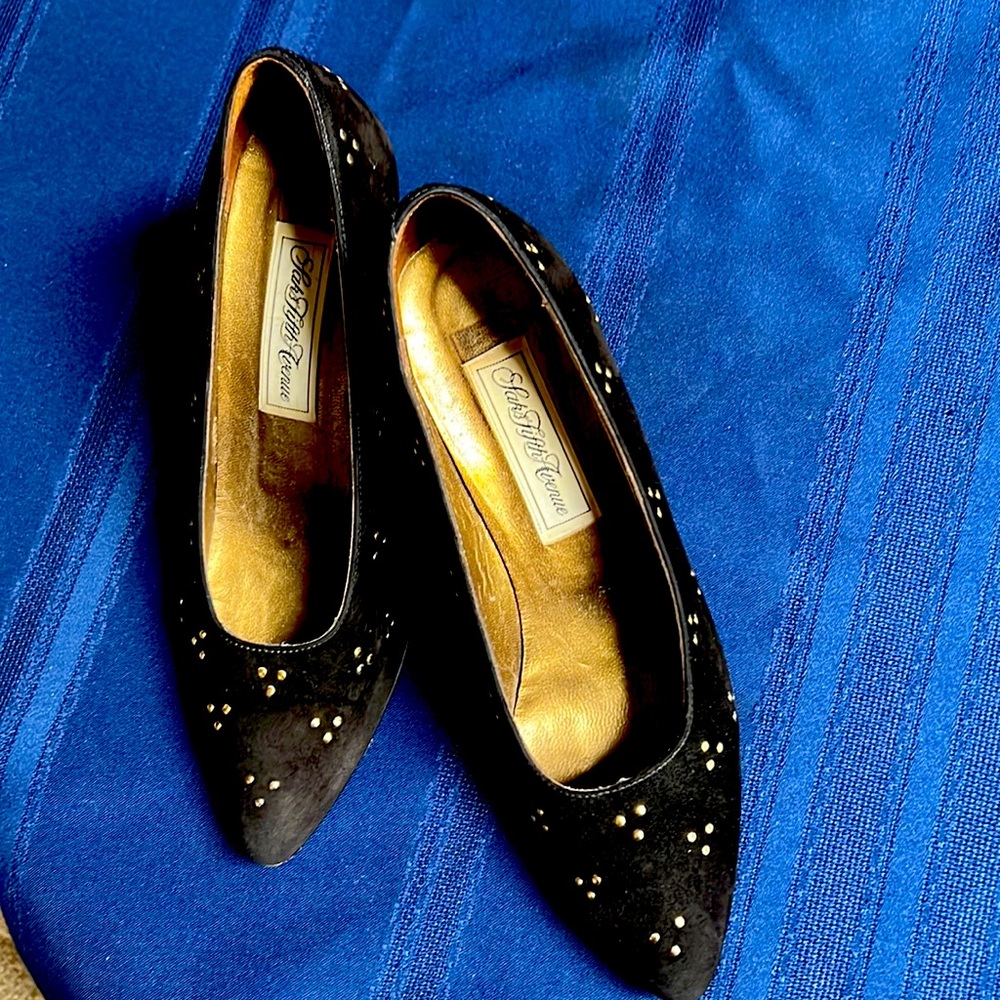 SAKS FIFTH AVENUE Black Suede and Brass Heels